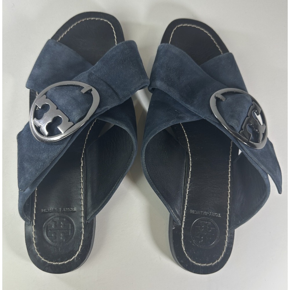 Tory Burch Grant Suede Sandal Open Toe Criss Cross Slides Midnight Blue 7.5 M - Picture 16 of 16